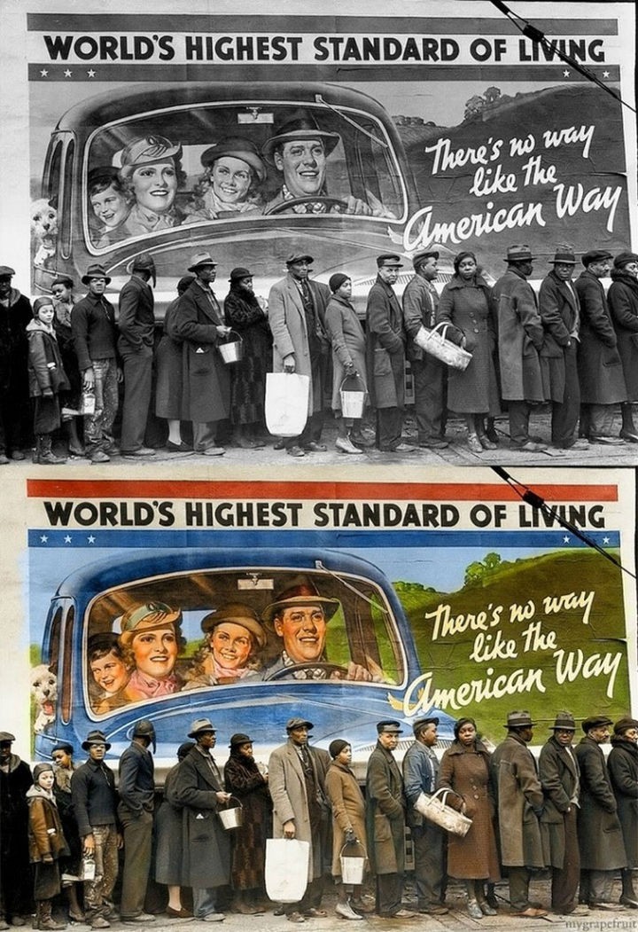 58 Colorized Photos from the Past - People standing in line in Louisville, Kentucky, 1939.