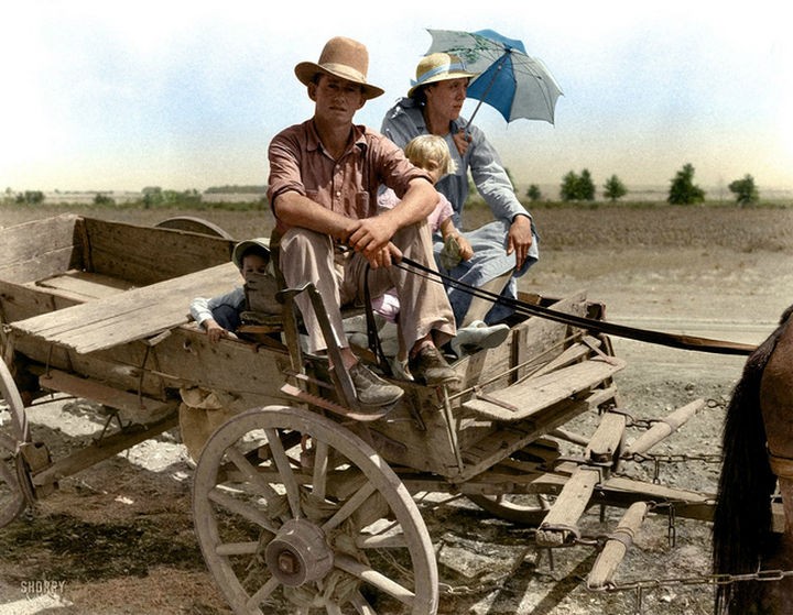 58 Colorized Photos from the Past - Drought-stricken farmer and his family near Muskogee, Oklahoma, 1939.
