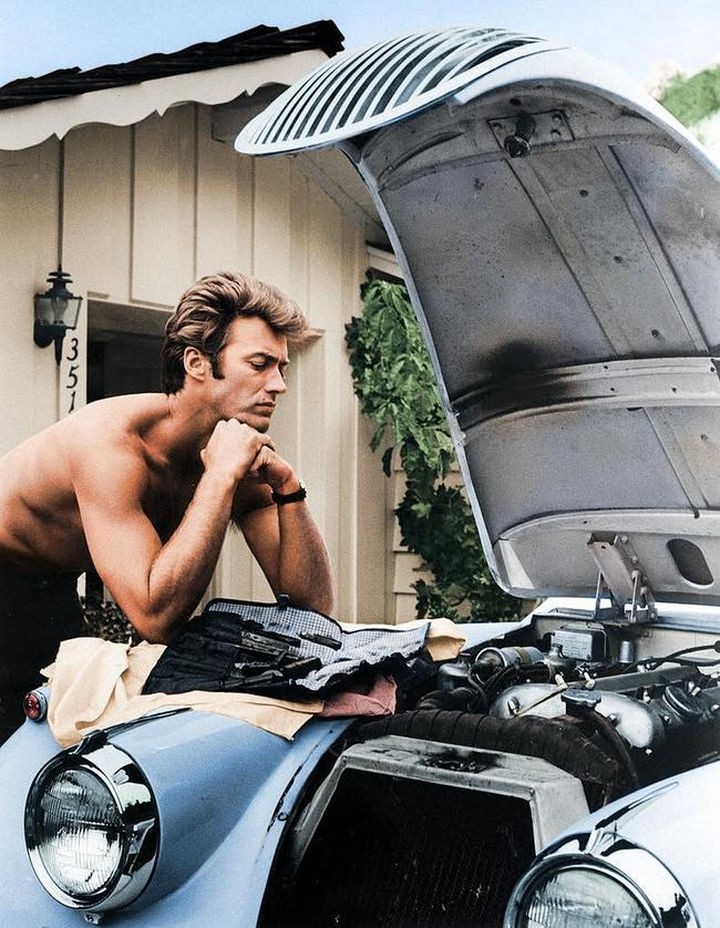 58 Colorized Photos from the Past - Clint Eastwood working on his 1958 Jaguar XK 120 in 1960.