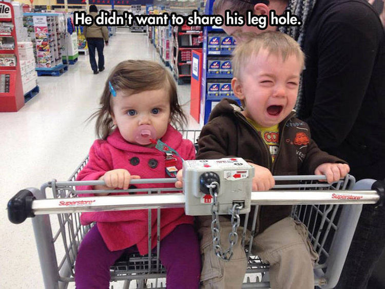 37 Photos of Kids Losing It - He didn't want to share his leg hole.