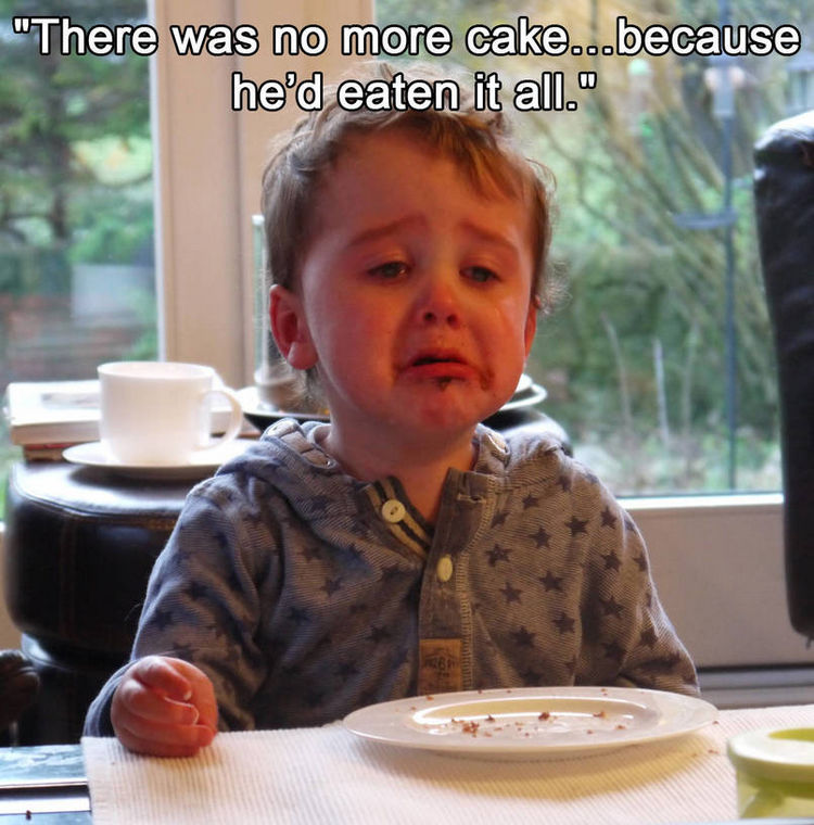 37 Photos of Kids Losing It - There was no more cake...because he'd eaten it all.