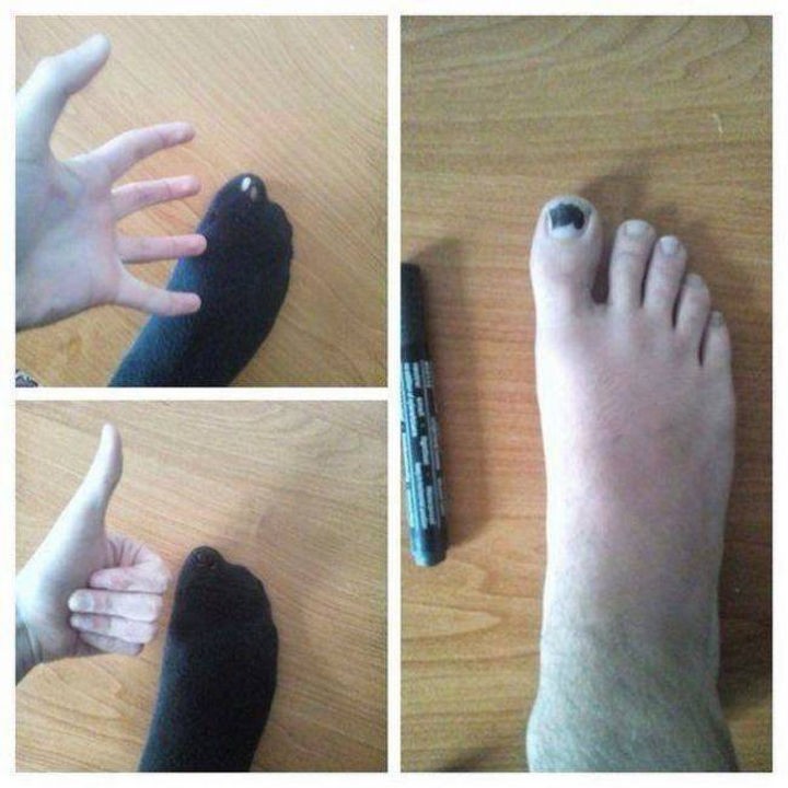 51 Crazy Life Hacks - Fix that hole in your sock with a Sharpie!