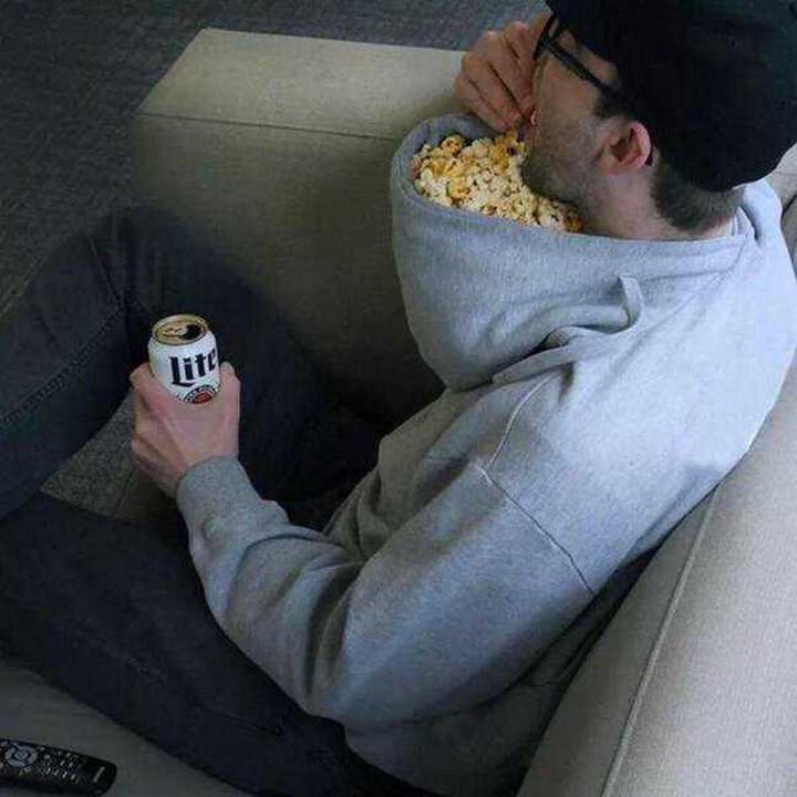 51 Crazy Life Hacks - A hoodie can double up as a bowl for movie night.