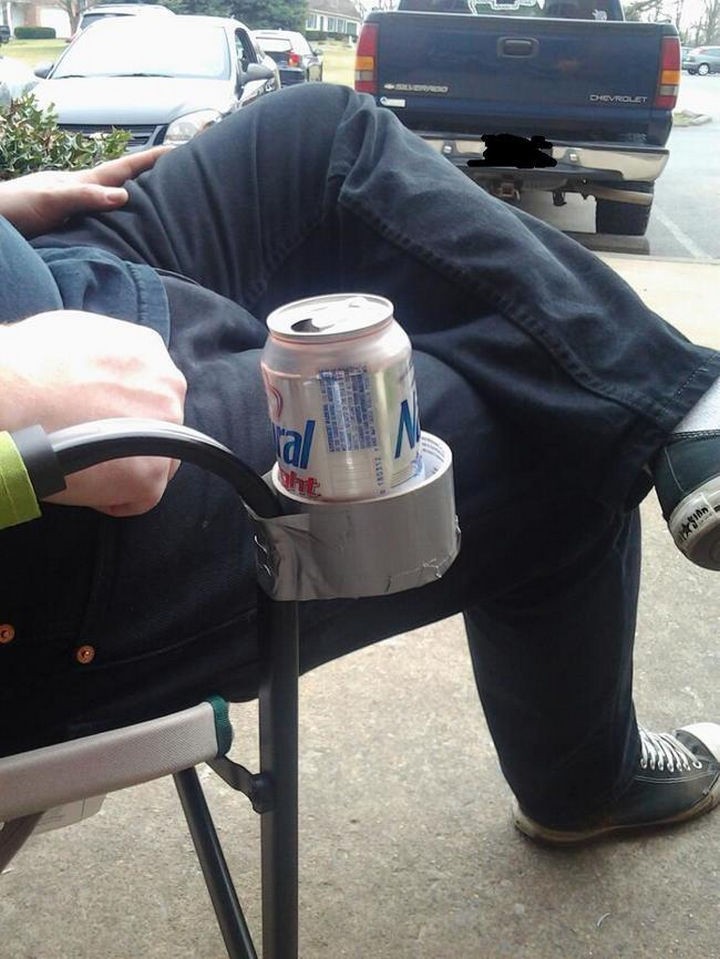 51 Crazy Life Hacks - If your lawn chair doesn't have a cup holder, Macgyver yourself one with duct tape.