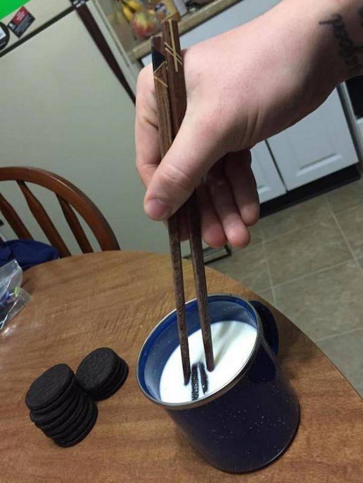 51 Crazy Life Hacks - Dunk an Oreo cookie in milk with chopsticks...must try.