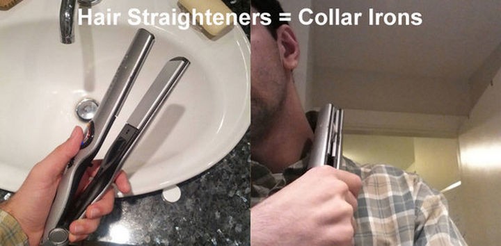 51 Crazy Life Hacks - Use a hair straightener as a shirt collar iron.