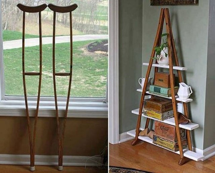 51 Crazy Life Hacks - Create a unique shelf with used crutches.