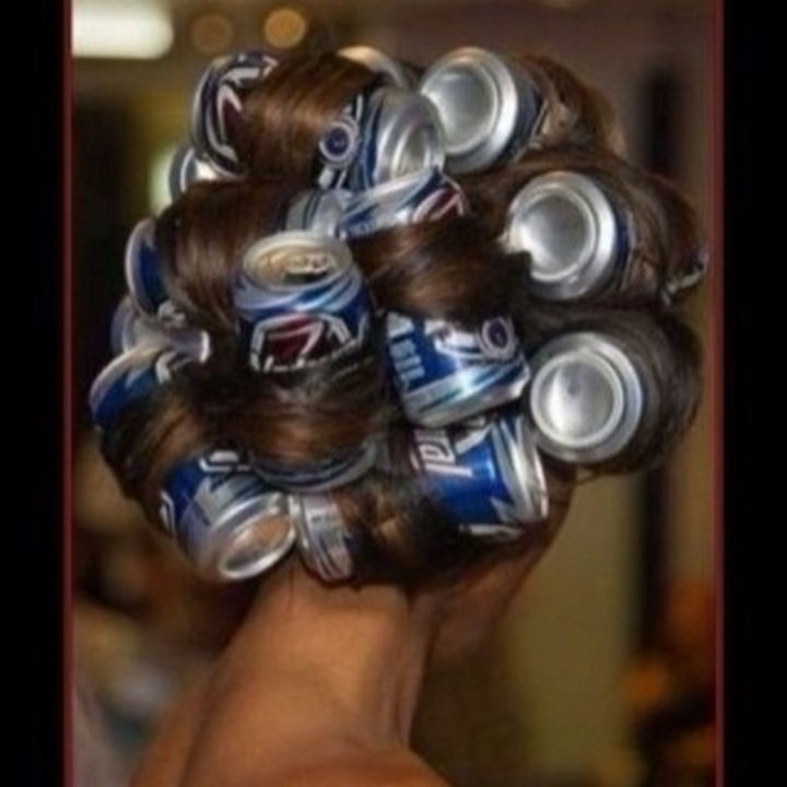 51 Crazy Life Hacks - Use used beer cans as hair rollers.