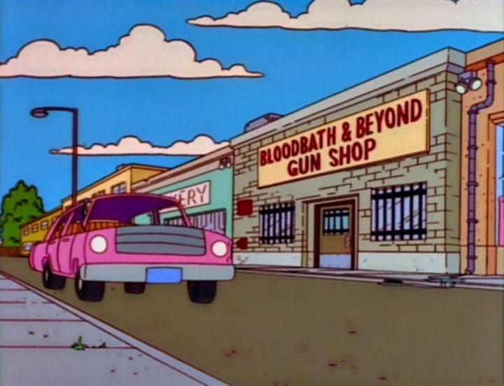 31 Funny Simpsons Signs - "Bloodbath & Beyond Gun Shop."