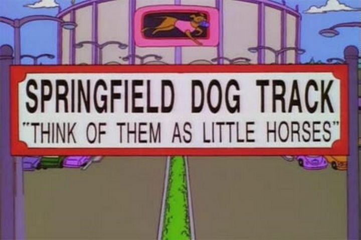 31 Funny Simpsons Signs - "Springfield Dog Track - Think of them as little horses."