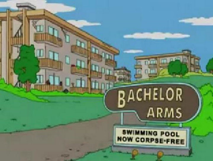 31 Funny Simpsons Signs - "Bachelor Arms - Swimming pool now corpse-free."