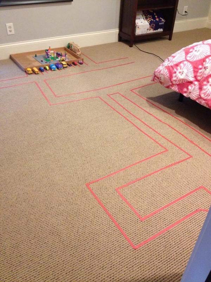 36 Summer Activities for Kids That Cost Less Than $10 - Use colored tape to make roads for your children's toy cars.