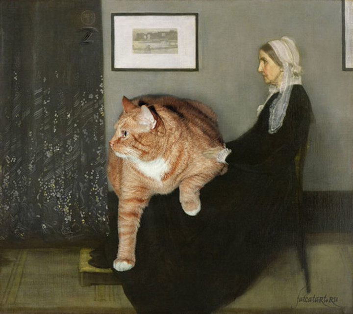 Fat Cat Photobombs Famous Paintings - Whistler’s Mother, James McNeill Whistler (1871).