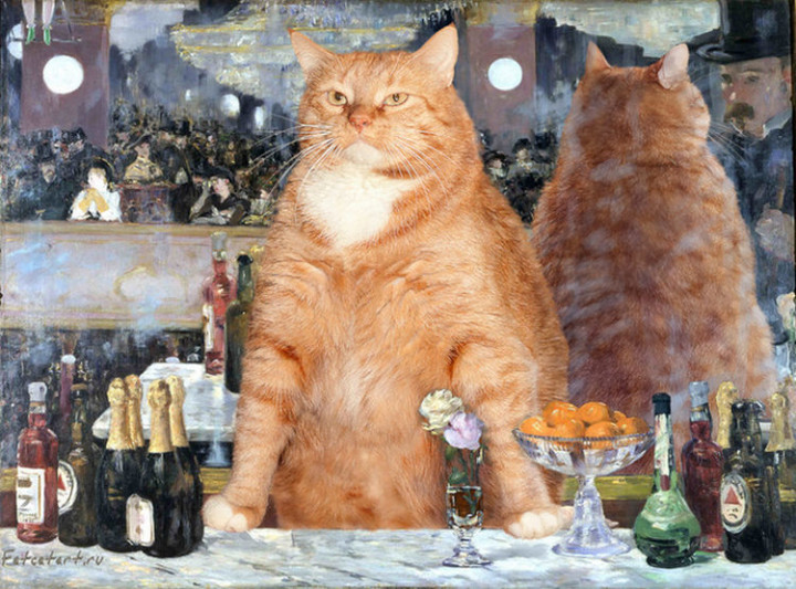 Fat Cat Photobombs Famous Paintings - A Bar at the Folies-Bergère, Édouard Manet (1882)