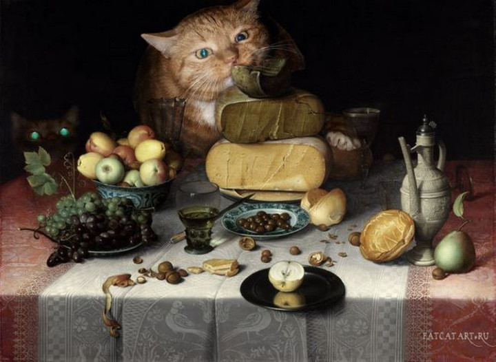Fat Cat Photobombs Famous Paintings - Still Life with Cheese, Floris van Dyck (1615).