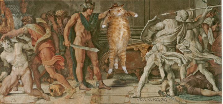 Fat Cat Photobombs Famous Paintings - Perseus and Phineas, Annibale Carracci and Domenichino (1597).