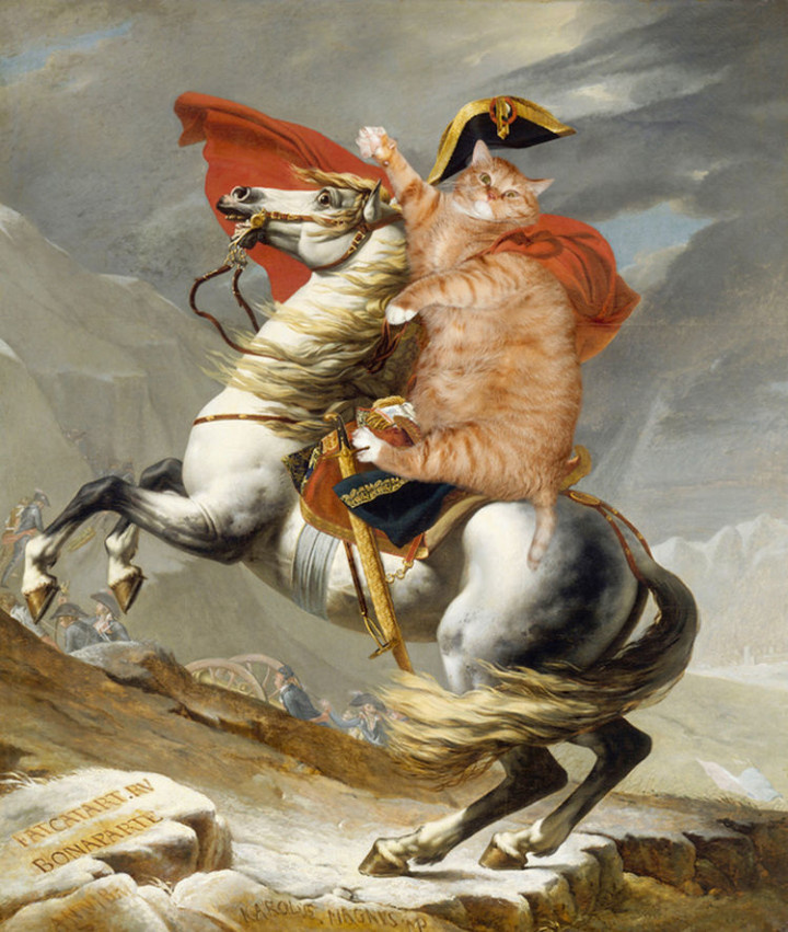Fat Cat Photobombs Famous Paintings - Napoleon Crossing the Alps, Jacques-Louis David (1801)