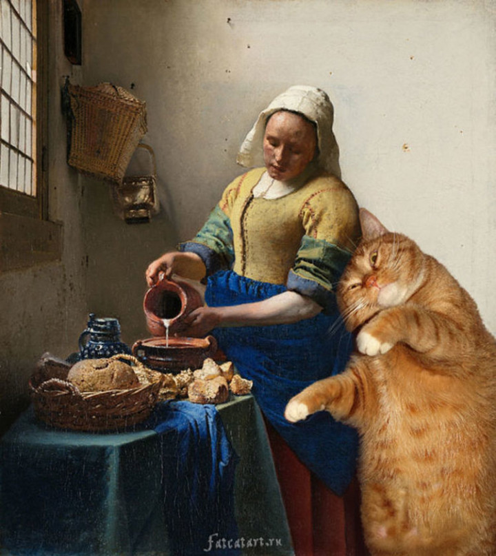 Fat Cat Photobombs Famous Paintings - The Kitchen Maid, Johannes Vermeer (1657–1658).