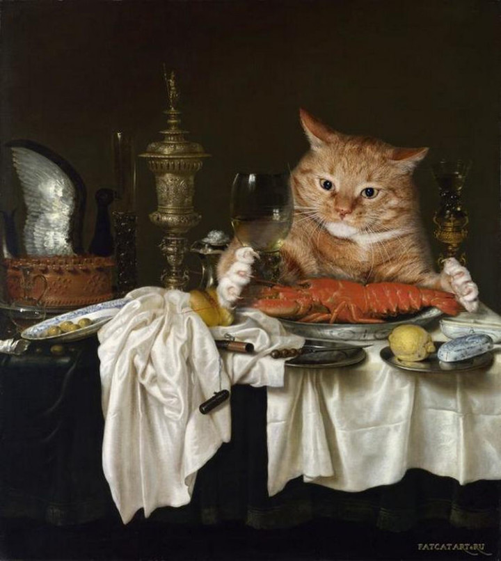 Fat Cat Photobombs Famous Paintings - Still Life with a Lobster, Willem Claesz Heda (1650).