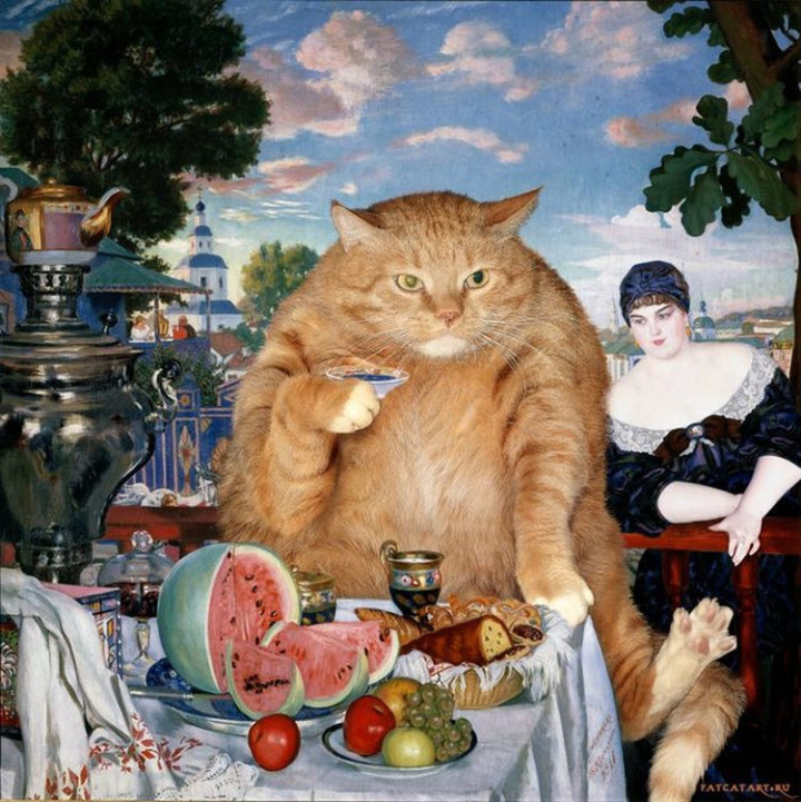 Fat Cat Photobombs Famous Paintings - The Merchant's Wife at Tea, Boris Kustodiev (1918)