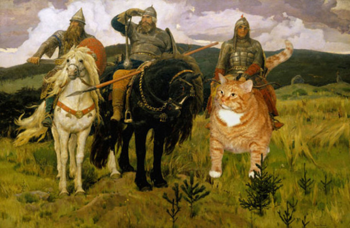 Fat Cat Photobombs Famous Paintings - Bogatyrs, Victor Vasnetsov (1898)