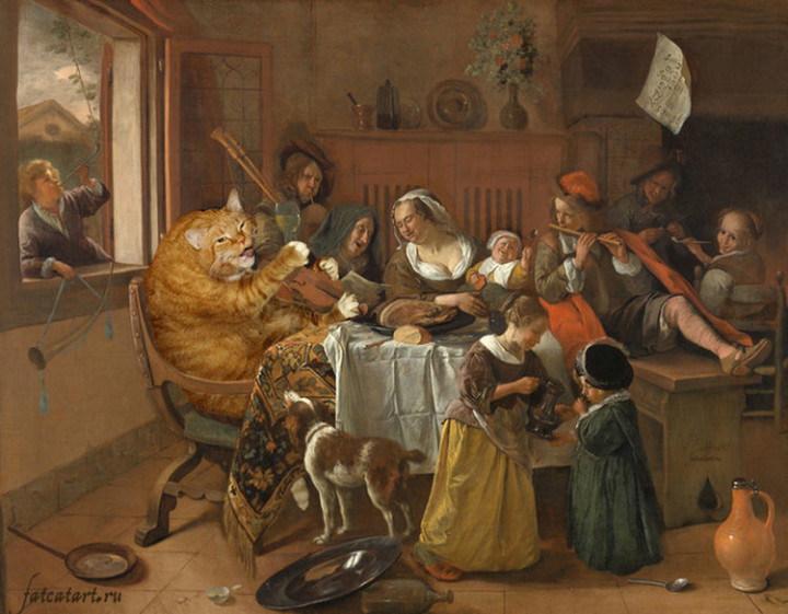 Fat Cat Photobombs Famous Paintings - The Merry Family, Jan Steen (1668).