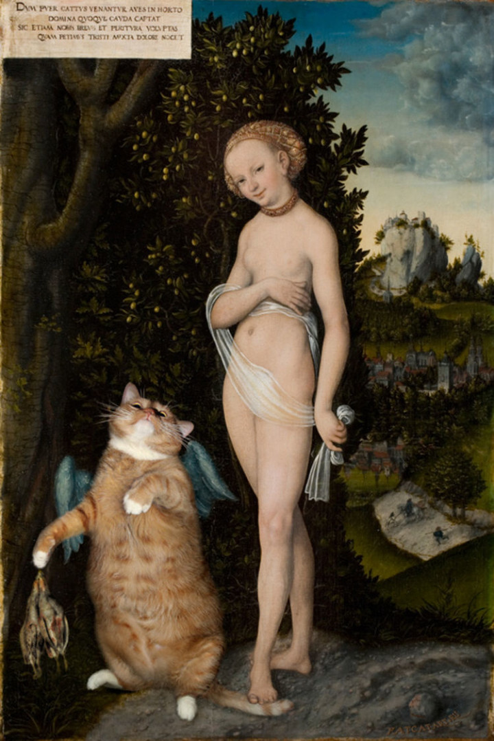 Fat Cat Photobombs Famous Paintings - Venus with Cupid Stealing Honey, Lucas Cranach the Elder (1530).