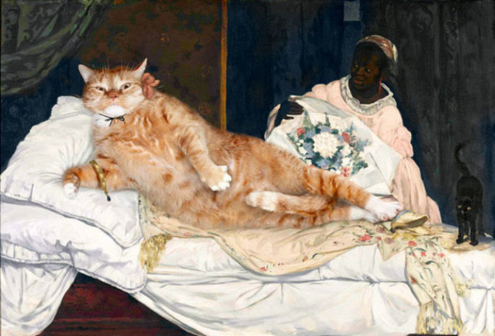Fat Cat Photobombs Famous Paintings - Olympia, Édouard Manet (1863).