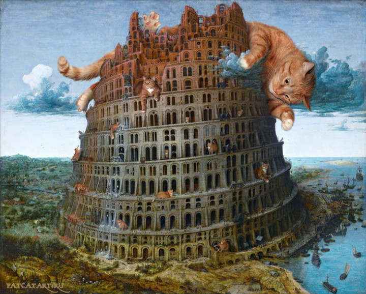 Fat Cat Photobombs Famous Paintings - The Tower of Babel, Pieter Bruegel the Elder (1563).