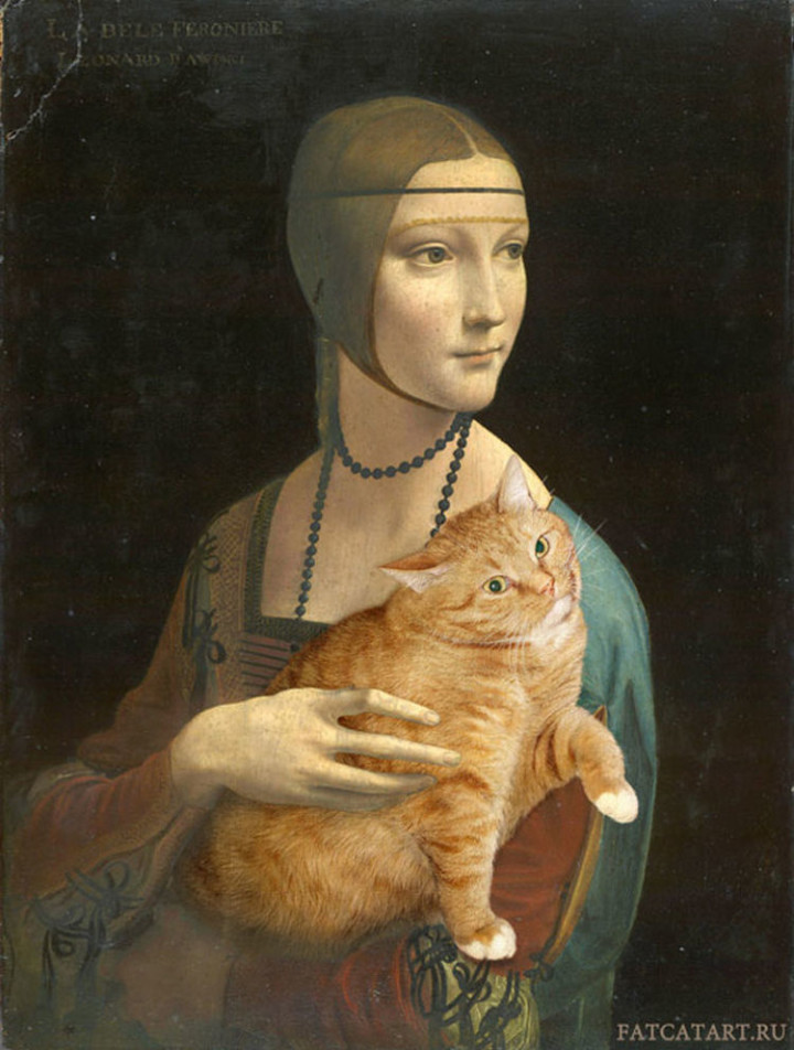 Fat Cat Photobombs Famous Paintings - Lady with an Ermine, Leonardo da Vinci (1489–1490).