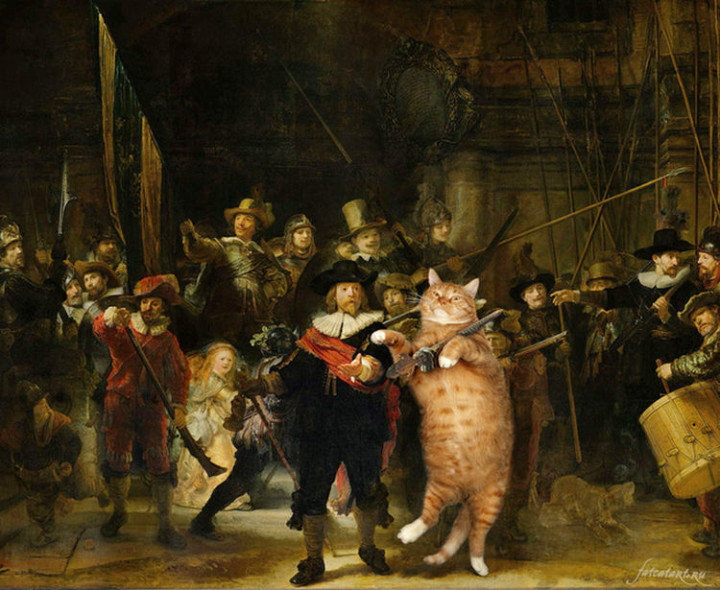 Fat Cat Photobombs Famous Paintings - The Night Watch, Rembrandt Harmenszoon van Rijn (1642).