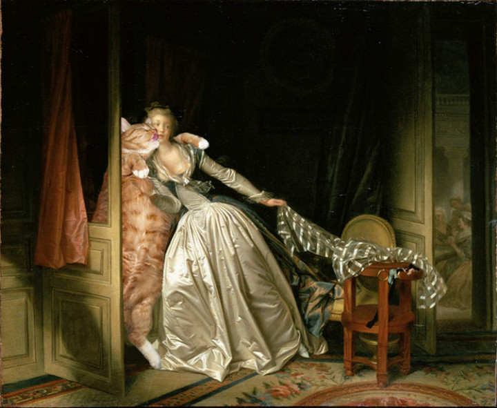 Fat Cat Photobombs Famous Paintings - The Stolen Kiss, Jean-Honore Fragonard (1788).