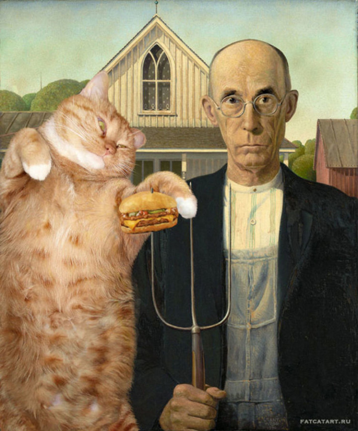 Fat Cat Photobombs Famous Paintings - American Gothic, Grant Wood (1930).