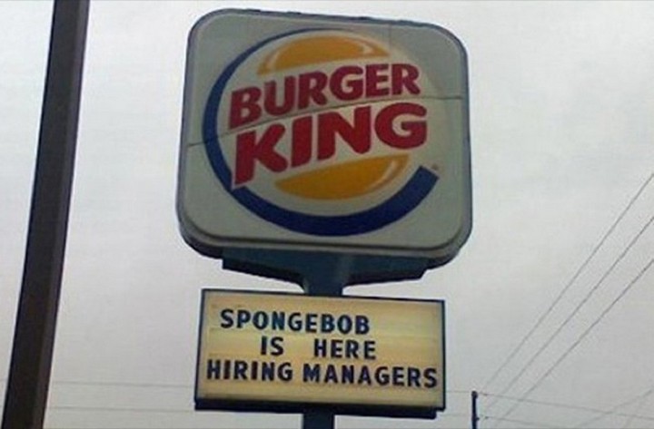 21 Funny Spelling Mistakes - "Spongebob is here hiring managers."