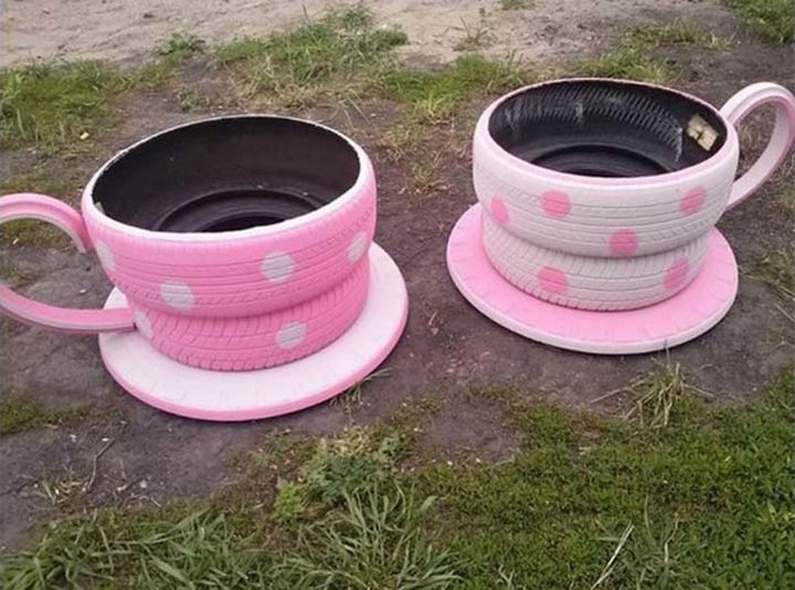 22 Awesome Ways to Turn Used Tires Into Something Great - Bring a whimsical feel to your garden with teacup tire planters.