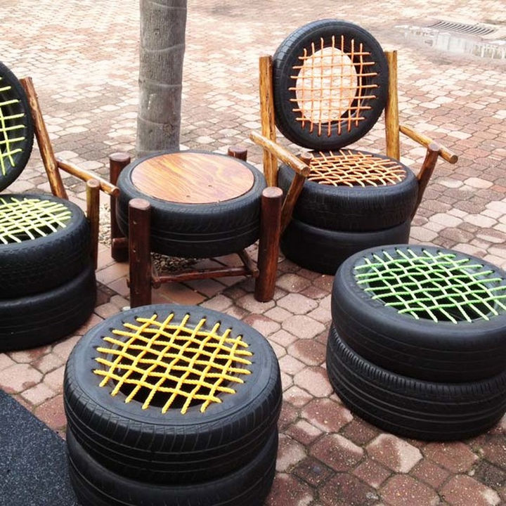 22 Awesome Ways to Turn Used Tires Into Something Great - Use rope to build outdoor rubber furniture.