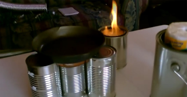He Created metal can heaters and a DIY Camping Stove With a Can and Toilet Paper.