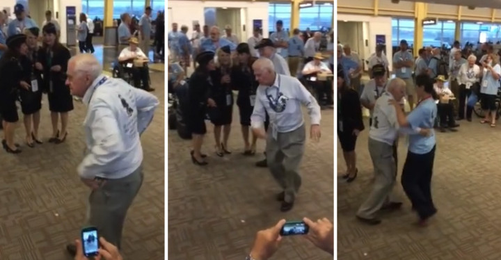 WWII Veteran Dances Wonderfully to "Boogie Woogie Bugle Boy" at Reagan National Airport.