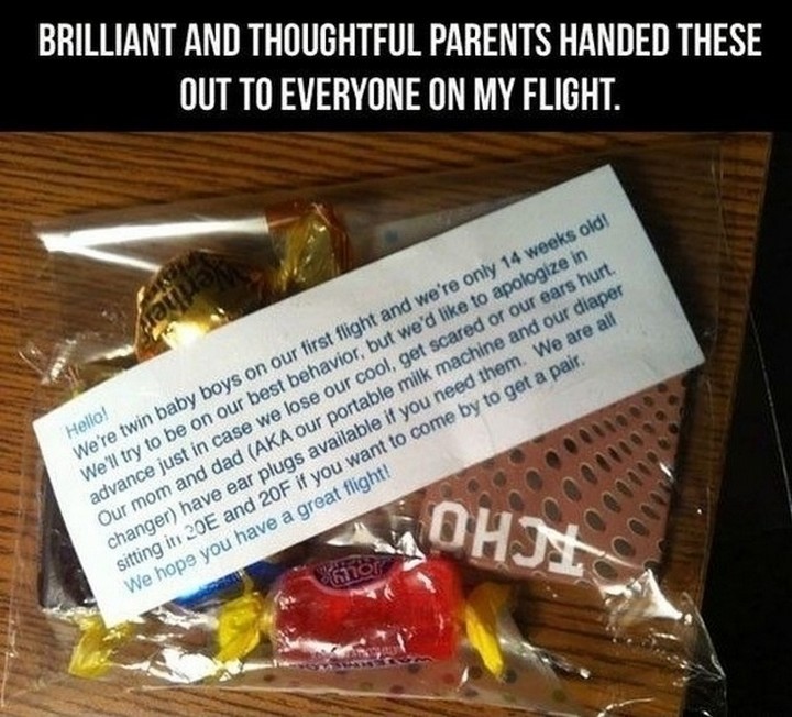 21 Hilarious Parents - An extremely kind gesture from new parents on an airplane flight.