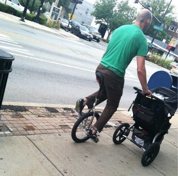 21 Hilarious Parents - Pushing his daughter in a stroller in the most unique way.