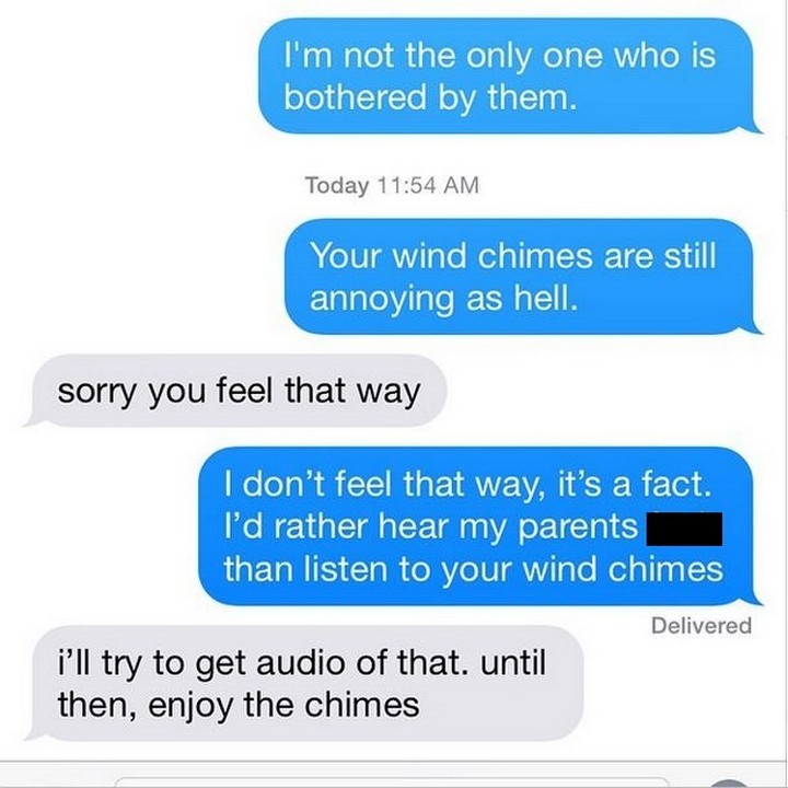 25 Hilarious Texts Between Neighbors - They must be loud wind chimes!
