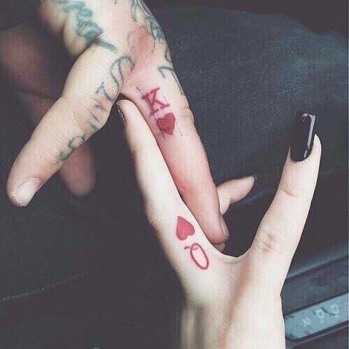 35 couple tattoos - King and Queen of hearts couple tattoos