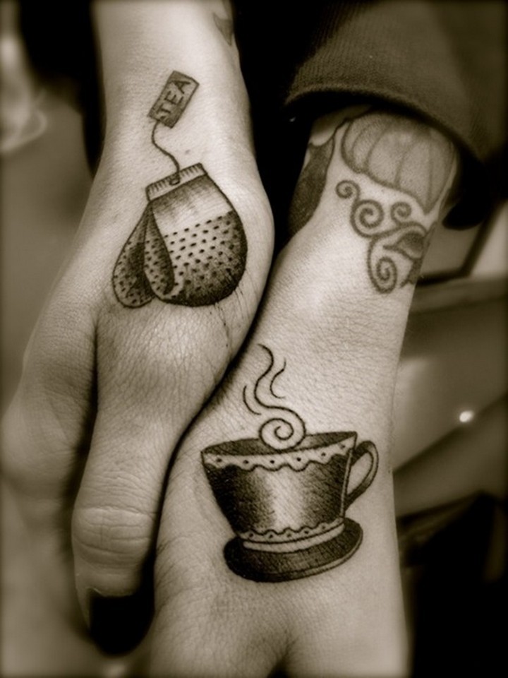 35 couple tattoos - Perfect cup of tea couple tattoos.