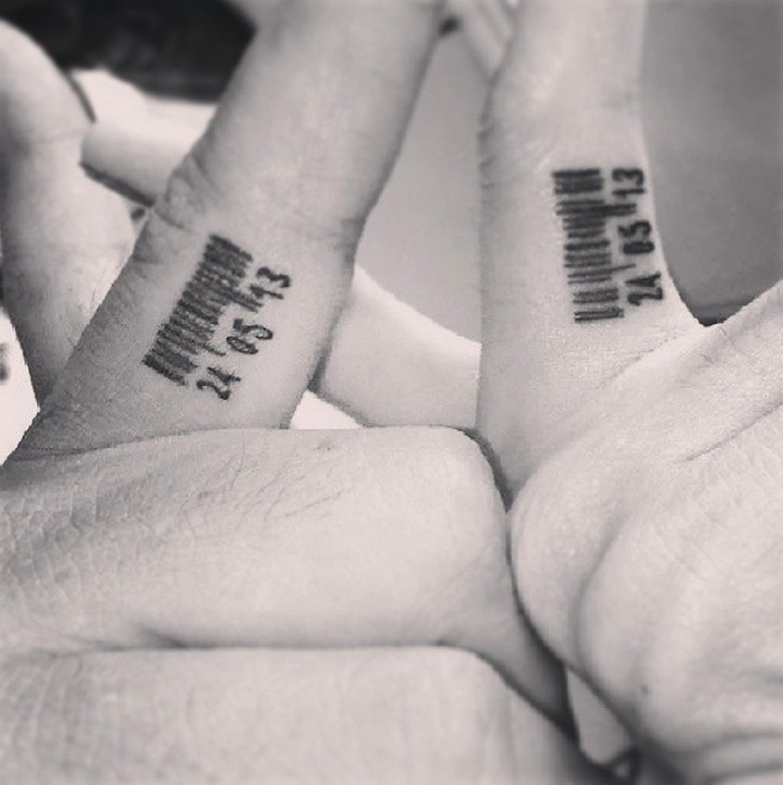 35 couple tattoos - Birth date UPC code couple tattoos.