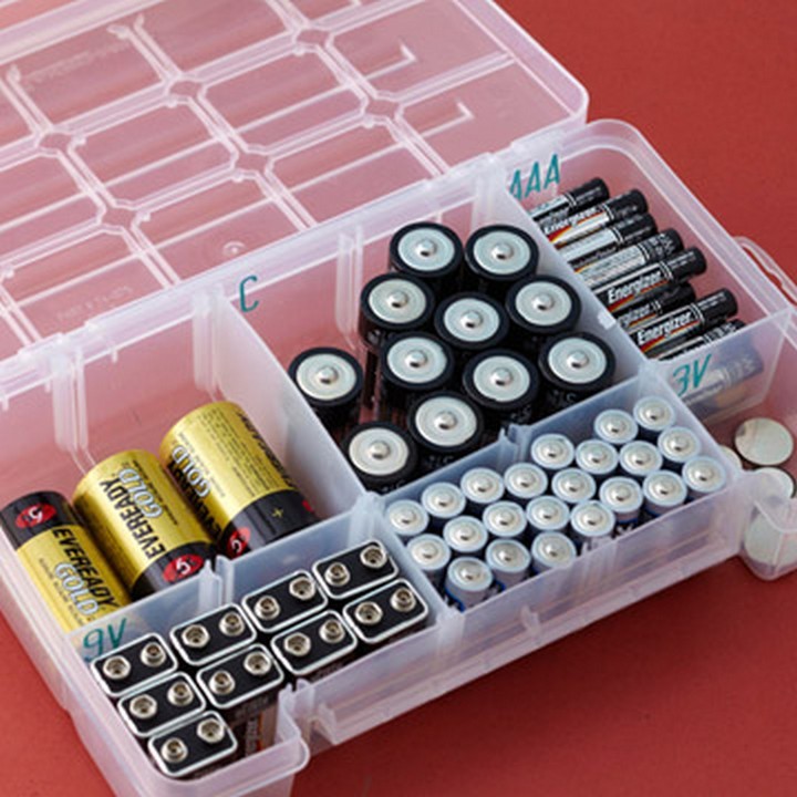 46 Useful Storage Ideas - Use a plastic tackle box to store batteries.