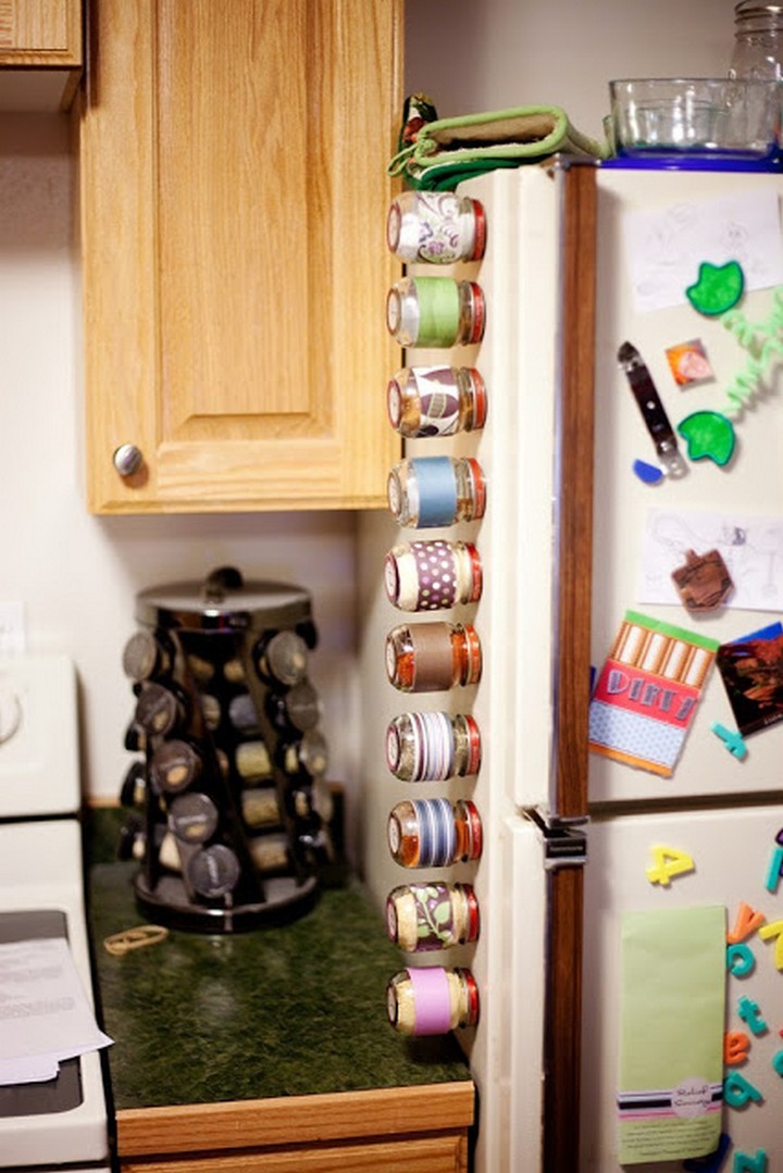 46 Useful Storage Ideas - Store your spices on the fridge using baby jars with magnetic lids.
