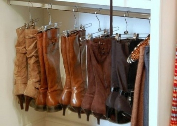 46 Useful Storage Ideas - Use garment hangers to organize your boots.
