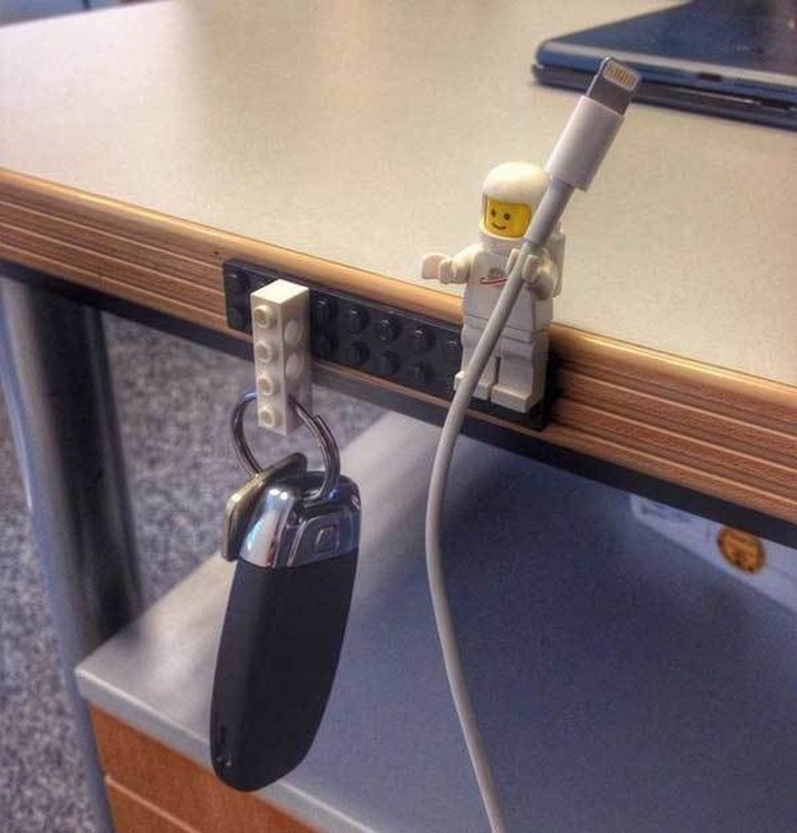 46 Useful Storage Ideas - Create a LEGO key and charging cable holder.