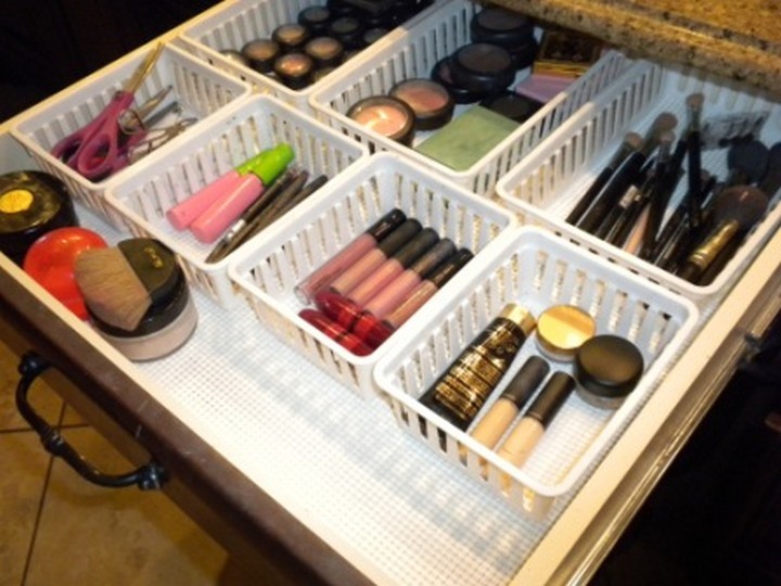 46 Useful Storage Ideas - Organize your makeup drawer with plastic trays and non-slip drawer liners.