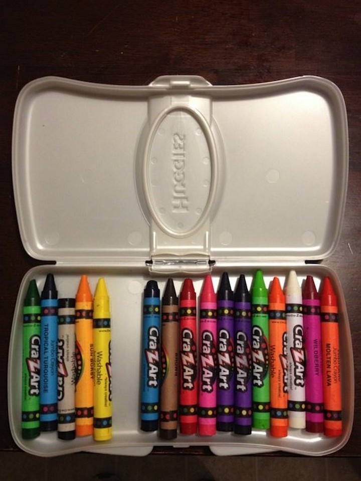 46 Useful Storage Ideas - Reuse baby wipe containers for crayons, markers, stickers, and so much more!